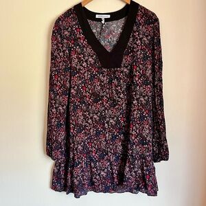 BCBG Generation Floral Babydoll Tunic Dress Top Black Pink Boho Long Sleeve sz L